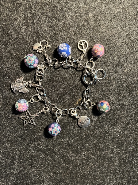 Bettelarmband- versilbert- 6x Kugeln bunt- (21cm)