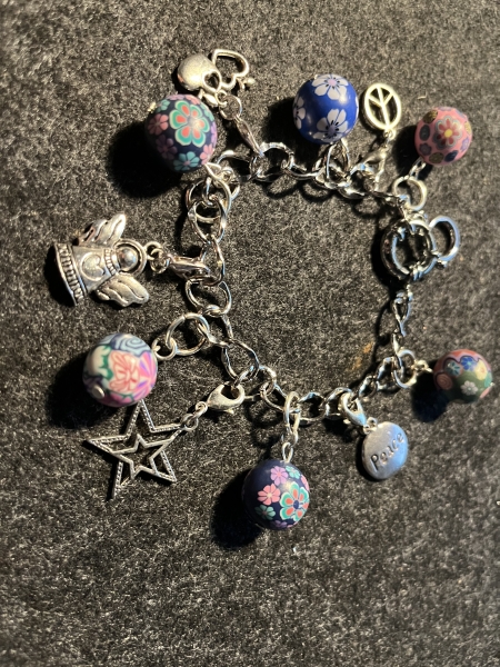 Bettelarmband- versilbert- 6x Kugeln bunt- (21cm)