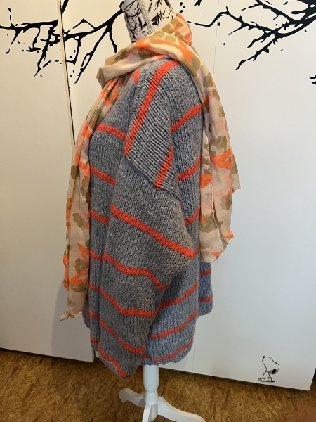 PULLOVER  Gr. 44-46 grau- neon-orange  mit Schaltuch