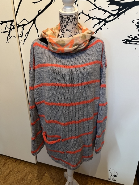 PULLOVER  Gr. 44-46 grau- neon-orange  mit Schaltuch